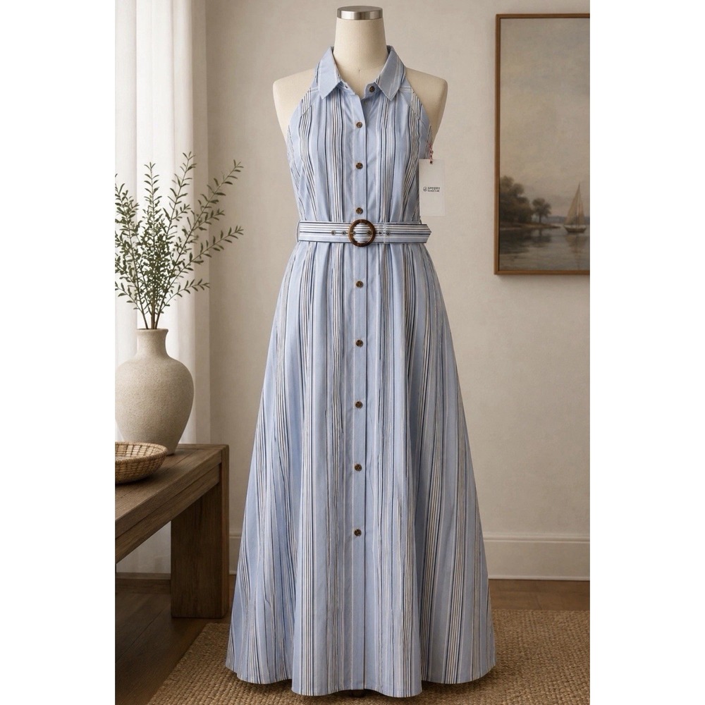 Sperry Mommy & Me Striped Cotton Dress Large NWT Belted Pleated With Necklace